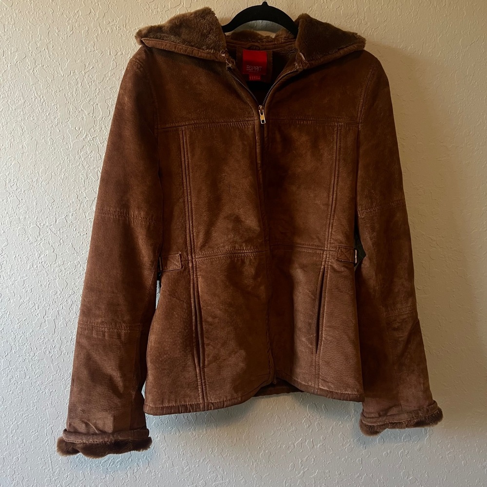 Vintage Espirit Suede Jacket Women S Brown Faux Fur Lined Hooded Leather Coat